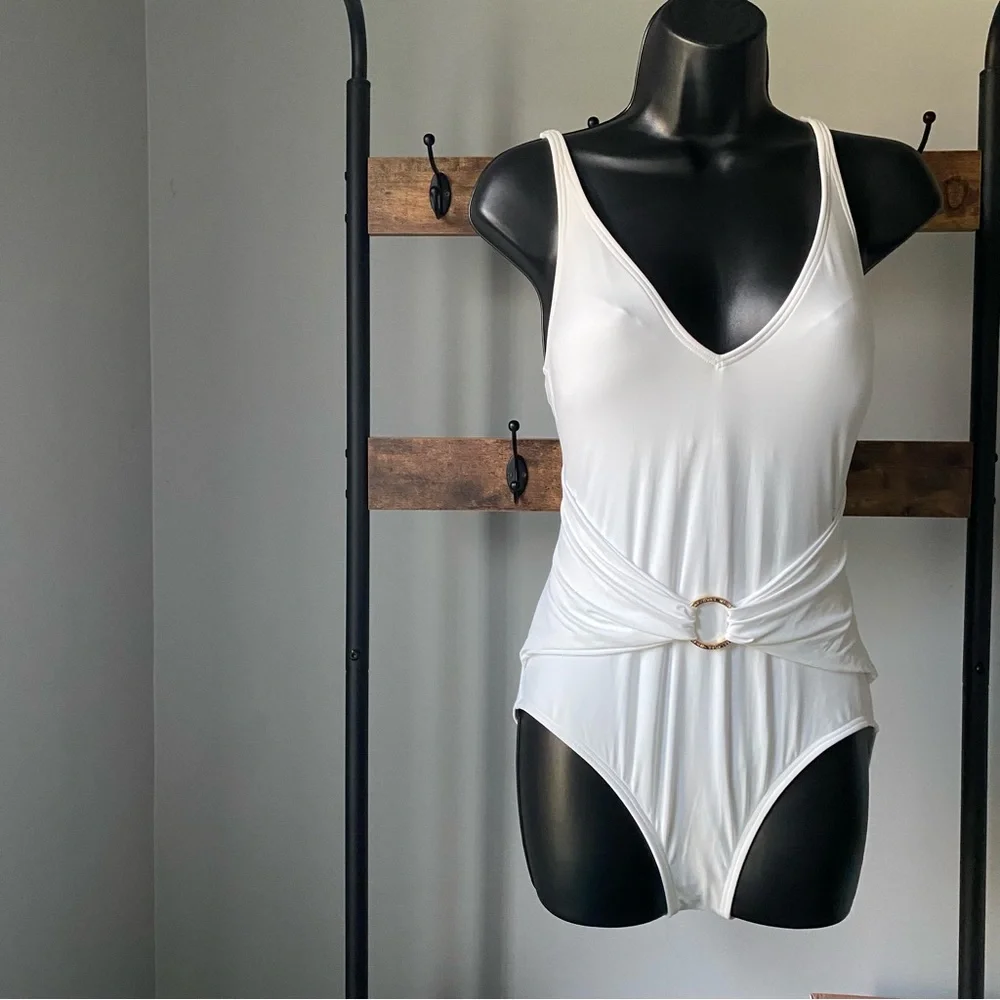 Michael Michael Kors White Stretch Tummy Control Sash-Ring V Neck Swimsuit 10 - Picture 7 of 7